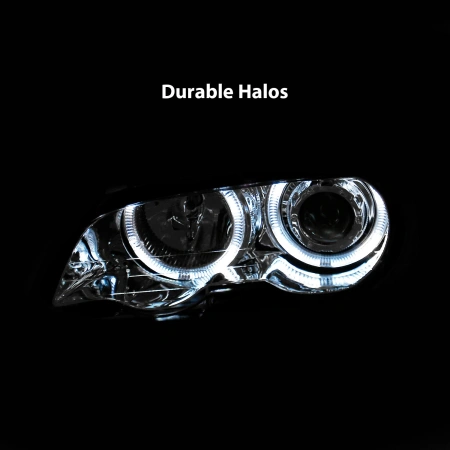 BMW 3 E46 (98-01) купе фары передние линзовые хромированные, со светящимися ободками, с поворотниками, с мотором электрокорректора, комплект лев.+прав.