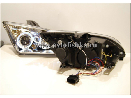 Ford Focus 2 (05-07) фары линзовые передние хромированные, со светящимися ободками, комплект 2 шт.