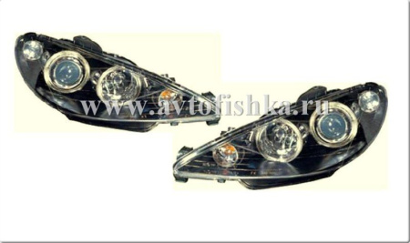 Peugeot 206 (98-) фары передние линзовые черные, со светящимися ободками, комплект 2 шт.