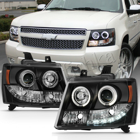 Chevrolet Tahoe (07-), Avalanche (07-) фары передние линзовые черные, со светящимися ободками и светодиодной подсветкой