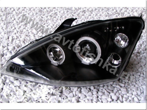 Ford Focus 1 (98-04) Europe+USA фары передние линзовые черные, со светящимися ободками, комплект 2 шт.