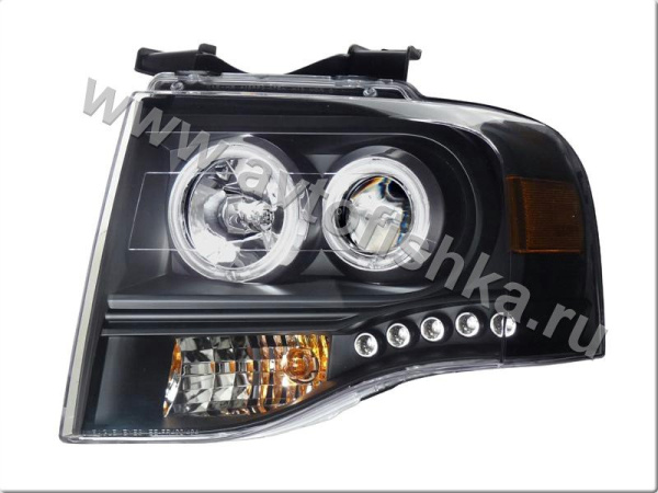 Ford Expedition (07-) фары передние линзовые черные, со светящимися ободками и светодиодной подсветкой, комплект 2 шт.