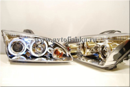 Ford Focus 2 (05-07) фары линзовые передние хромированные, со светящимися ободками, комплект 2 шт.
