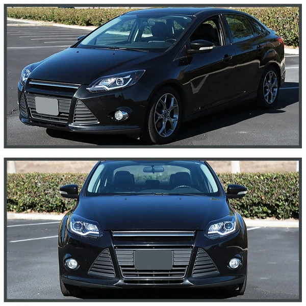 Ford Focus 3 (11-13) тюнинговые фары линзовые со светящейся полосой, черные