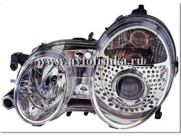 Mercedes CLK W208 (98-02) фары передние линзованные, перфорированные, хромированные, под ксенон, комплект 2 шт