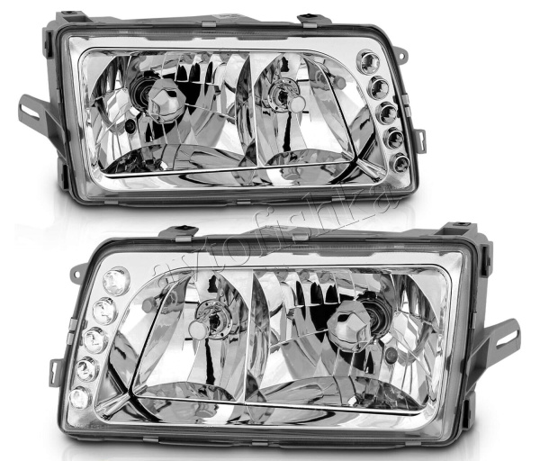 Mercedes S W126 (80-92) фары передние хромированные со светодиодными габаритными огнями, комплект 2 шт.