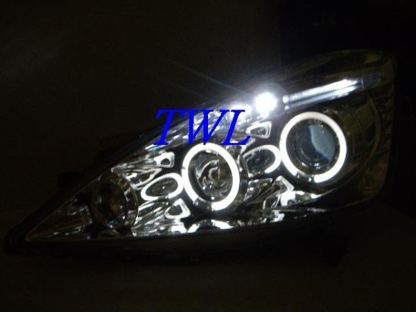 Honda Fit, Jazz (07-) GE, фары передние линзовые хромированные, со светящимися ободками, комплект 2 шт.