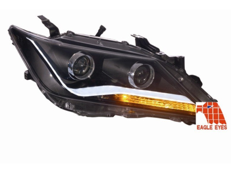 Toyota Camry 50 (11-) передние тюнинговые черные линзовые фары со светдиодной подсветкой в стиле Audi, в комплекте 2 шт.