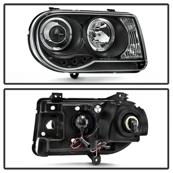 Chrysler 300C LX (04-11) 2.7L V6 24V фары передние линзовые черные, со светящимися ободками и светодиодной подсветкой, комплект 2 шт.