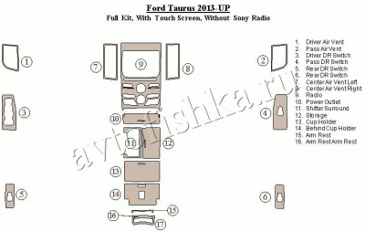 Декоративные накладки салона Ford Taurus 2013-н.в. Полный набор, с Touch screen, без Sony радио.