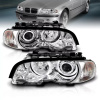 BMW 3 E46 (98-01) купе фары передние линзовые хромированные, со светящимися ободками, с поворотниками, с мотором электрокорректора, комплект лев.+прав.