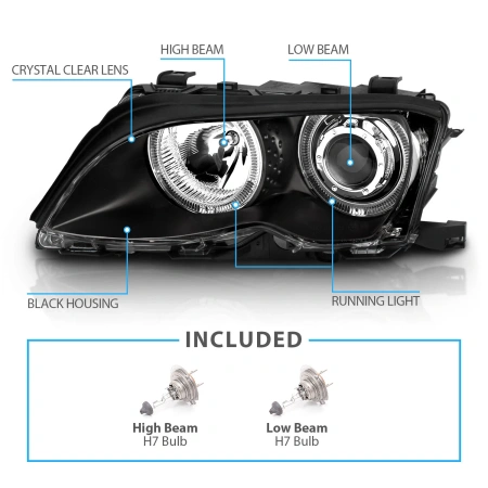 BMW E46 (01-04) фары передние линзовые черные, со светящимися ободками, с моторами электрокорректора