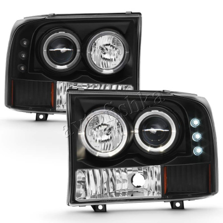 Ford Excursion (00-05) фары передние линзовые черные со светящимися ободками, со светодиодной подсветкой, комплект 2 шт.