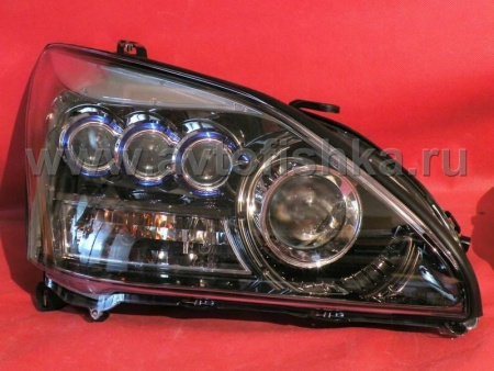 Lexus RX330, RX350 (03-08) передние линзовые ксеноновые фары, тонированный хром, под корректор, дизайн LS600, дизайн "MidWest", комплект 2 шт.