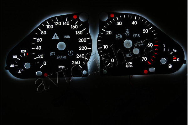 Mercedes W203 С (04-07) светодиодные шкалы (циферблаты) на панель приборов - дизайн 1