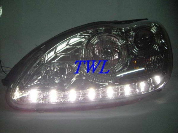 Mercedes S W220 (98-05) фары передние линзовые хромированные, с подсветкой DRL, комплект 2 шт.