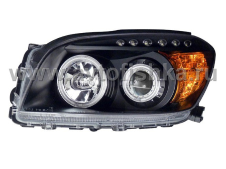 Toyota RAV4 (06-08) фары передние линзовые черные, со светящимися ободками и светодиодной подсветкой, желтый рефлектор, комплект 2 шт.