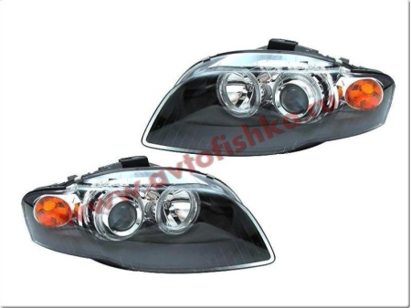 Audi A4 (05-07) фары передние линзовые черные, со светящимися ободками, под электрокорректор, комплект 2 шт.