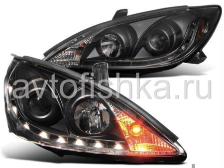 Toyota Camry 30 (02-06) UAE, Europe, USA фары передние линзовые черные с подсветкой DRL, комплект 2 шт.