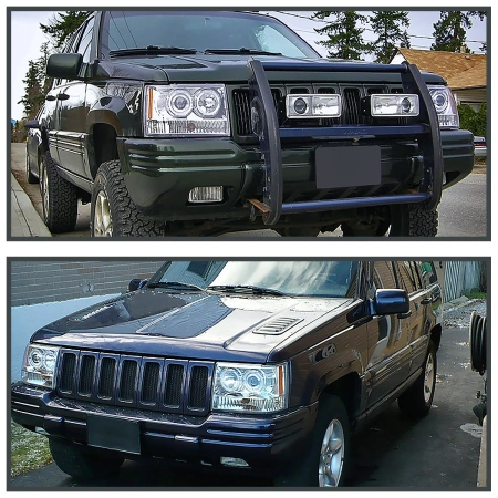 Jeep Grand Cherokee (93-98) передние фары хром тюнинг с светящими ободками (ангельские глазки)