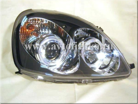 Toyota Yaris, Vitz (99-05) фары передние линзовые черные, со светящимися ободками, комплект 2 шт.