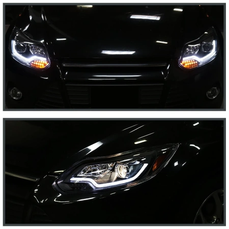 Ford Focus 3 (11-13) тюнинговые фары линзовые со светящейся полосой, черные
