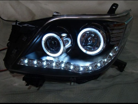 Toyota Land Cruiser Prado 150 (10-) фары передние линзовые черные со светящимися ободками и светодиодной подсветкой, комплект 2 шт.