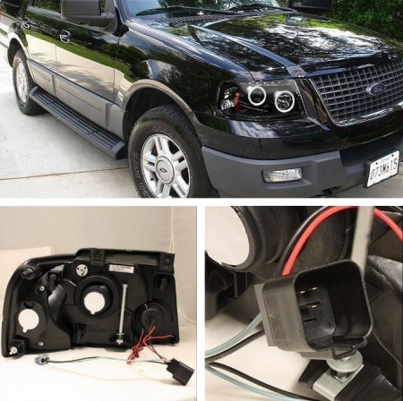 Expedition (03-06) фары передние линзовые черные со светящимися ободками, со светодиодной подсветкой, комплект 2 шт.