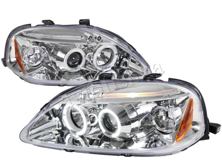 Honda Civic, Ferio EK (99-00) фары передние хромированные, со светящимися ободками с белыми рефлекторами, линзовые