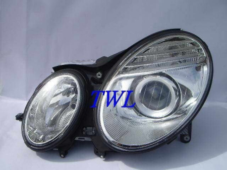 Mercedes E W211 (02-06) фары передние линзовые хромированные, дизайн Mercedes W211 с 2007 г., с моторами электрокорректора, комплект 2 шт.