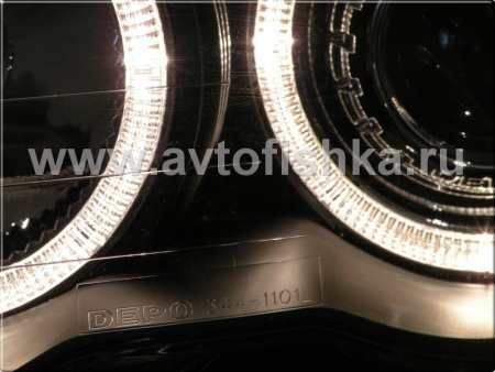 BMW 3 E46 (98-01) 4 дв. фары передние линзовые черные, со светящимися ободками, с поворотниками, комплект лев.+прав.