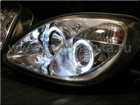 Mercedes SLK R170 (98-04) фары передние линзовые хромированные, со светящимися ободками, комплект 2 шт.