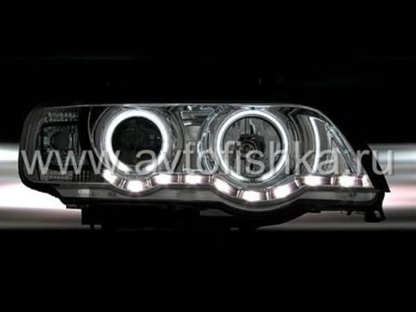 BMW X5 E53 (98-03) передние фары хромированные со светящимися ободками с подсветкой DRL, линзовые под ксенон