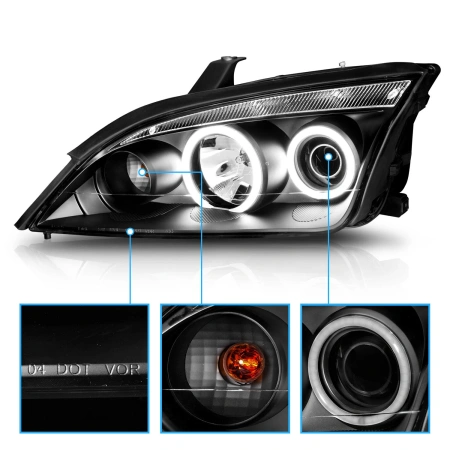 Ford Focus 2 (05-07) передние линзовые фары с ангельскими глазками, черные