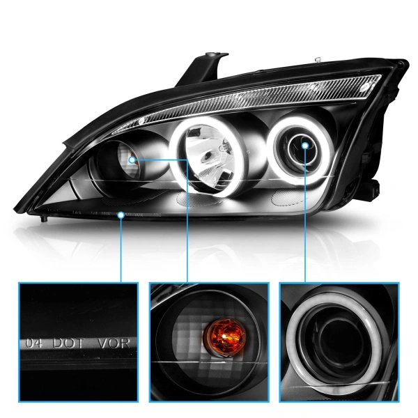 Ford Focus 2 (05-07) передние линзовые фары с ангельскими глазками, черные