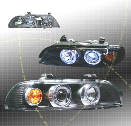 BMW 5 E39 фары передние, линзовые, с желтым поворотником, черные, комплект 2 шт.