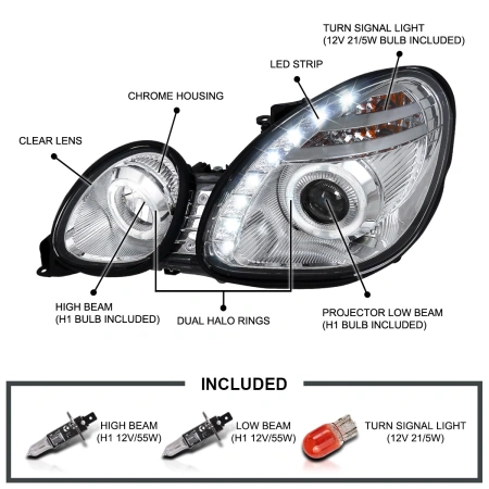 Lexus GS300, GS400, GS430, Toyota Aristo (97-05) фары передние линзовые хромированные со светящимися ободками и DRL подсветкой, комплект 2 шт.