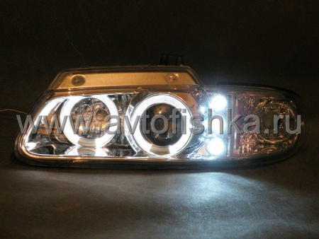 Chrysler Town&Country, Dodge Caravan, Plymouth Voyager (96-00) фары передние линзовые хромированные со светящимися ободками и светодиодной подсветкой, комплект 2 шт.