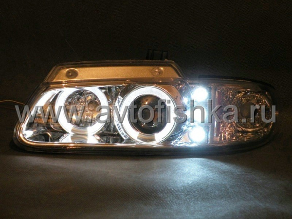 Chrysler Town&Country, Dodge Caravan, Plymouth Voyager (96-00) фары передние линзовые хромированные со светящимися ободками и светодиодной подсветкой, комплект 2 шт.