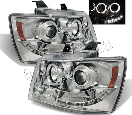Chevrolet Tahoe (07-), Avalanche (07-) фары передние линзовые хромированные, со светящимися ободками и светодиодной подсветкой, комплект 2 шт.