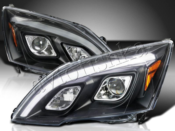 Honda CR-V III (06-) фары передние линзовые черные, с подсветкой DRL, комплект 2 шт.