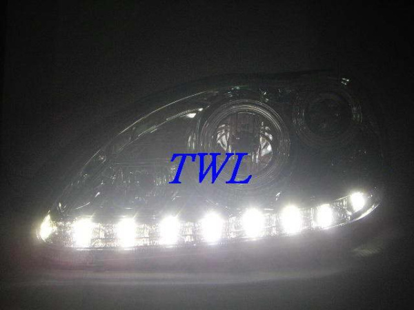 Mercedes S W220 (98-05) фары ксеноновые передние линзовые хромированные, под штатный ксенон D2S, с электрокорректором, с подсветкой DRL, комплект 2 шт.